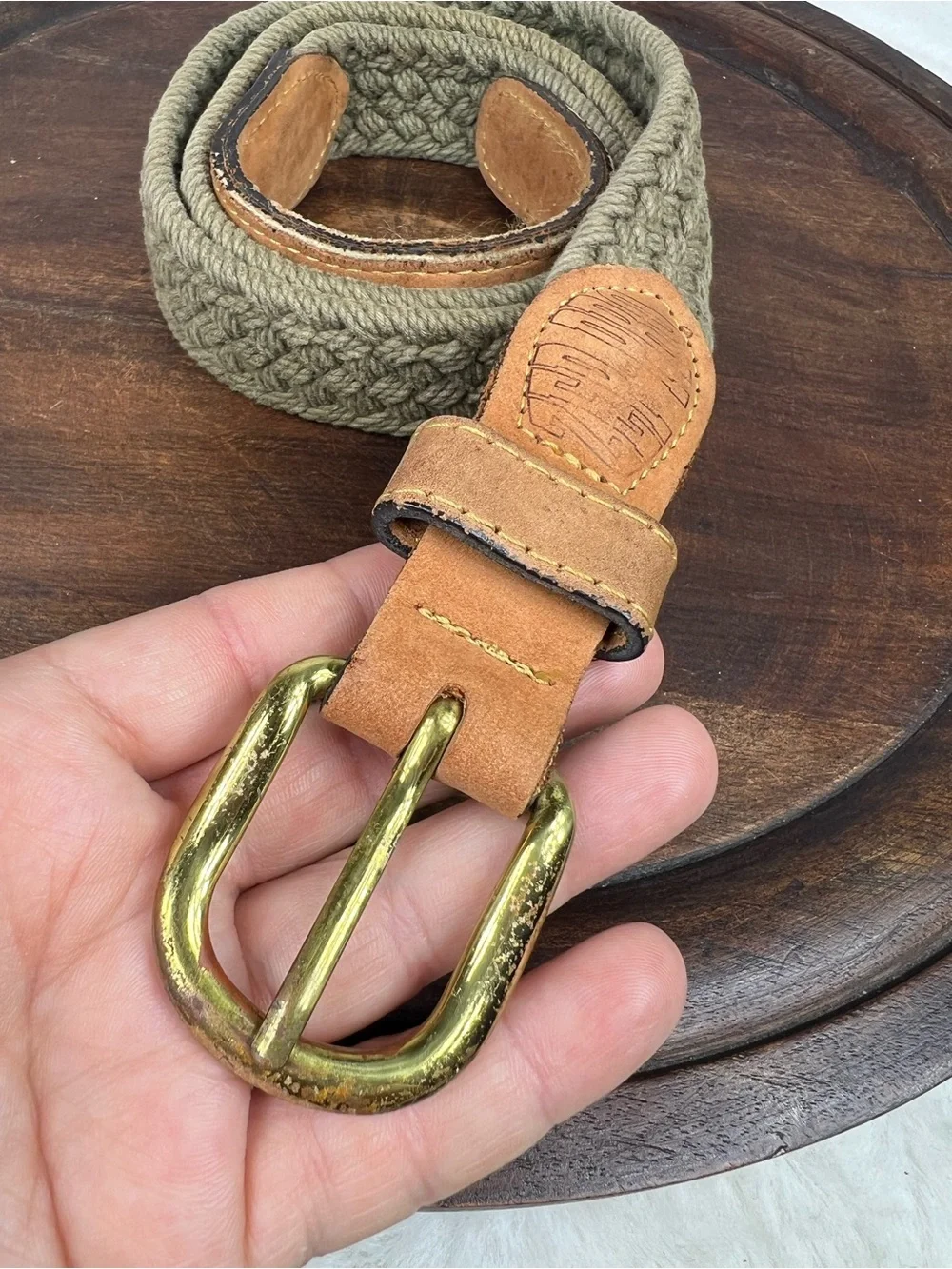 Vintage Zep-Pro Sport Belt 38 Green Woven Rope Leather Ends Brass Buckle USA